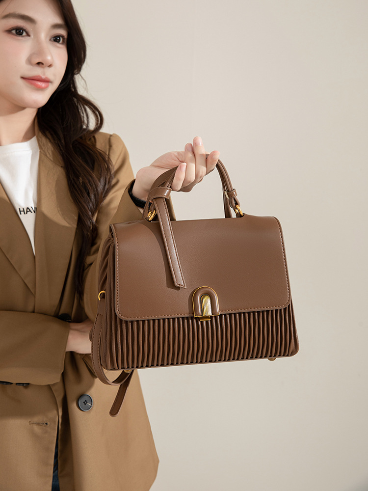 Womens Fashion Pleated Large Capacity Leather Satchel Handbag